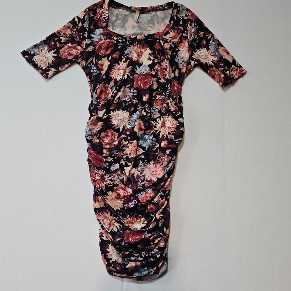 Mother Bee Women's M Maternity Floral Ruched Midi Dress Scoop Neck 3/4 Black